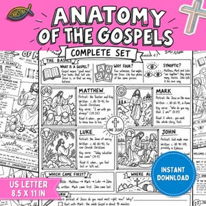May include: A black and white educational infographic titled Anatomy of the Gospels Complete Set on a pink background. It features illustrations and text detailing the books of Matthew, Mark, Luke, and John, including a US Letter 8.5 x 11 inch label.