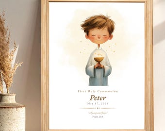 First Communion Boy Eucharist Print – Personalized Catholic Keepsake, Custom Name Gift, Digital Download