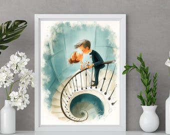 Whimsical Wedding Kiss Print, Romantic Bride and Groom Wall Art, Spiral Staircase Wedding, Unique Wedding Gift, Newlywed Home Decor