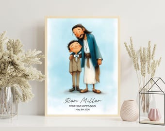 Personalisierte erste Kommunion Jungen Druck | Junge Begegnung mit Jesus | Benutzerdefinierte Name & Datum | Erstkommunion Geschenk | Katholisches Jungengeschenk