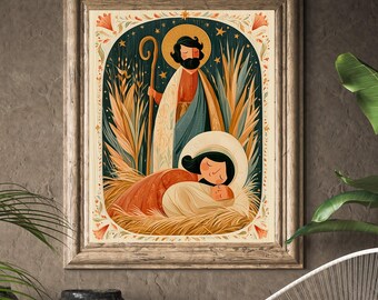 Saint Joseph Guardian Print, Folk Art Nativity Illustration