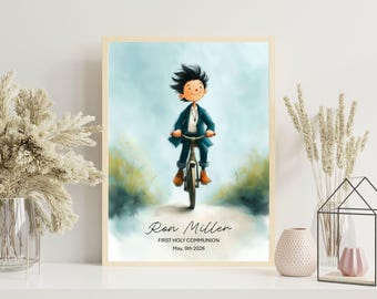 Personalisierte erste Kommunion Boy Print Fahrrad fahren | Kommunion Geschenk für Sohn | Benutzerdefinierte christliche Wandkunst-Andenken | Digitaler Download