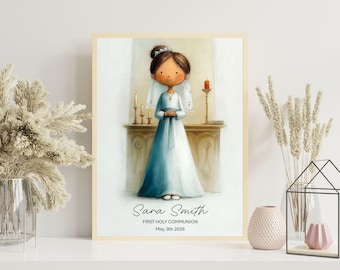 Personalisierte Erstkommunion Mädchen Porträt | Niedliche Kommunion Print mit Namen | Benutzerdefinierte religiöses Geschenk für Tochter | Digitaler Download