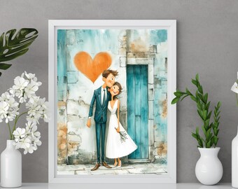 Whimsical Elopement Print, Romantic Couple Wall Art, Urban Wedding Gift, Boho Civil Wedding, Unique Newlywed Home Decor