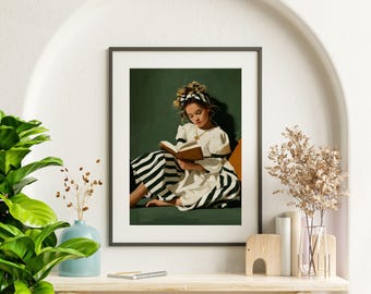 Catholic Girl Reading Bible Print – First Communion Gift, Sage Green Christian Kids Decor, Faith Wall Art Digital Download
