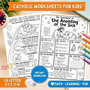Op de afbeelding: Twee zwart-wit educatieve werkbladen getiteld Catholic Worksheets for Kids en The Sacrament of the Anointing of the Sick. De pagina's bevatten illustraties van Jezus met een ziek persoon, tekstvakken en genummerde secties om te leren.