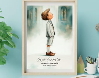 Personalisierte erste Kommunion Jungen Druck | Junge in Kirche aufblickt | Benutzerdefinierte Name & Datum | Erstkommunion Geschenk | Katholisches Jungengeschenk