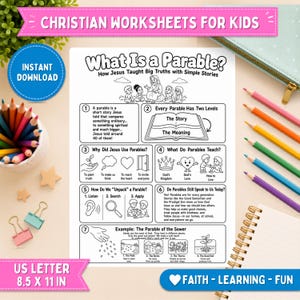 Puede incluir: Una hoja de trabajo educativa blanca titulada What Is a Parable? How Jesus Taught Big Truths with Simple Stories, que presenta siete secciones numeradas con ilustraciones de líneas en blanco y negro, explicaciones de texto y una etiqueta US Letter 21,6 x 27,9 cm.