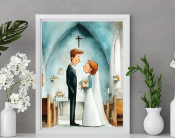 Church Altar Wedding Print, Christian Wedding Gift, Whimsical Religious Ceremony Wall Art, Bride Groom Vows Printable Decor