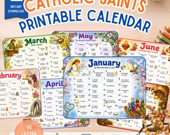 Catholic Saints Calendar Printable | 12 Month Feast Day Chart | Daily Saint of the Day | Kids Homeschool Classroom | Digital Download