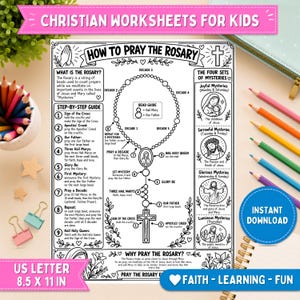 Op de afbeelding: Een zwart-wit werkblad getiteld How to Pray the Rosary, met een stapsgewijze handleiding, een kralendiagram en de vier mysteries. Het document bevat tekstinstructies, illustraties van religieuze figuren en een centrale rozenkransafbeelding op een pagina van 21,59 bij 27,94 cm.