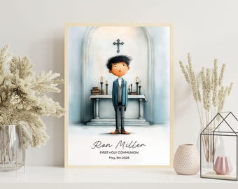 Personalisierte erste heilige Kommunion-Jungen-Druck in der Kirche | Christlicher Altar Kommunion Geschenk | Traditionelles religiöses Andenken | Digitaler Download