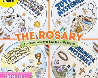 Complete Rosary Spinner Wheel Bundle | All 4 Mysteries Catholic Kids Craft | Sunday School Printable Set