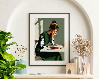 Catholic Woman Reading Bible Print – Sage Green Christian Wall Art, Rosary Decor Faith Printable, Digital Download