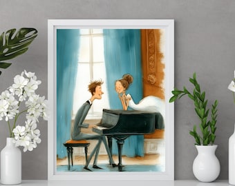 Piano Couple Wall Art, Music Lover Wedding Gift, Romantic Bride and Groom Print, Whimsical Elegant Home Decor Printable