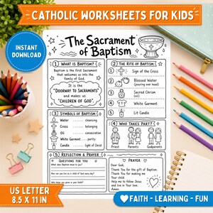 Op de afbeelding: Een zwart-wit educatief werkblad getiteld The Sacrament of Baptism voor kinderen. De pagina bevat secties over de ritus, symbolen en gebed, met lijntekeningen van een doopvont, een kruis en figuren van een priester en een gezin.