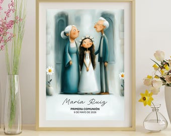 Personalisierte erste Kommunion Mädchen Druck | Mädchen mit Großeltern | Benutzerdefinierte Name & Datum | Großeltern Kommunion Geschenk | Digitaler Download