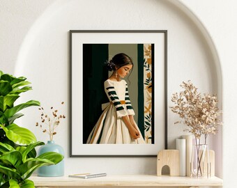 First Communion Girl Print – Holy Communion Keepsake Wall Art, Catholic Illustration Sage Green Faith Decor, Digital Download