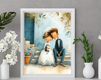 Cat Wedding Gift Print, Bride and Groom with Cat Wall Art, Whimsical Cat Lover Wedding, Boho Newlywed Home Decor Printable