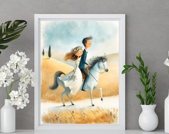 Horse Wedding Gift Print, Bride and Groom on Horseback, Whimsical Boho Wedding Wall Art, Unique Newlywed Decor Printable