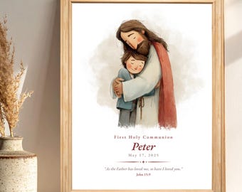 Jesus Hugging Boy First Communion – Personalized Catholic Keepsake, Custom Name Print, Digital Download