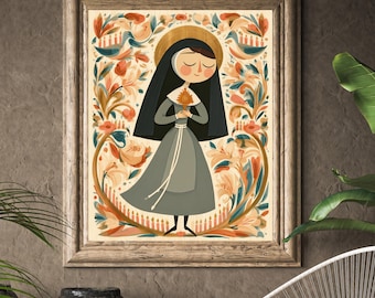 Saint Clare of Assisi Print, Folk Art Catholic Illustration
