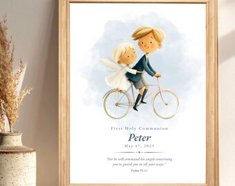First Communion Boy Guardian Angel Bicycle – Personalized Catholic Keepsake, Custom Name Print, Digital Download