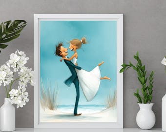 Whimsical Beach Wedding Print, Bride and Groom Lift, Coastal Wedding Gift, Funny Couple Wall Art, Paper Anniversary Printable