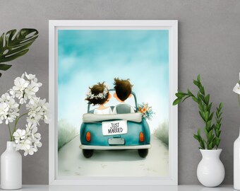 Just Married Car Print, Whimsical Wedding Gift, Vintage Wedding Wall Art, Newlywed Adventure Decor, Paper Anniversary Printable
