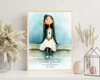Personalisierte erste Kommunion Mädchen Druck | Sitzendes Kommunion-Porträt mit Turnschuhen | Individuelles Geschenk für Tochter | Digitaler Download