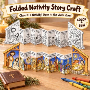 May include: A Folded Nativity Story Craft kit featuring two accordion-style paper displays, one in black and white and one in full color. Each display depicts scenes from the Nativity with text. Includes a brown book and colored crayons.