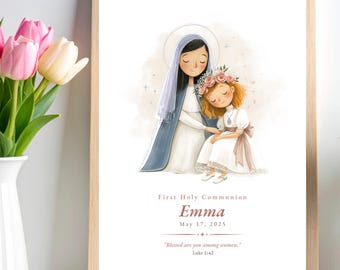 First Communion Gift Girl Virgin Mary – Custom Name Catholic Keepsake, Personalized Our Lady Print, Digital Download