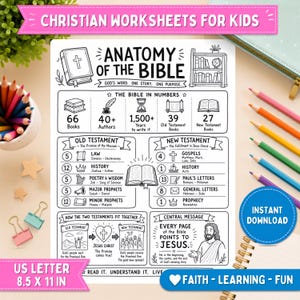 May include: A black and white educational worksheet titled Anatomy of the Bible, featuring sections on the Old and New Testaments, book counts, and a central message about Jesus. The US Letter 8.5 by 11 inch page includes illustrations of a Bible, scrolls, and a bookshelf.