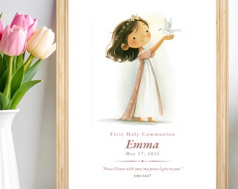 First Communion Girl Holy Spirit Dove – Personalized Catholic Keepsake, Custom Name Print, Digital Download