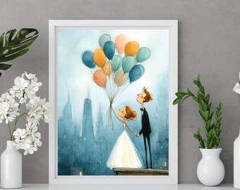 Balloon Wedding Gift Print, Cute Bride and Groom Wall Art, Whimsical City Wedding, Paper Anniversary Printable