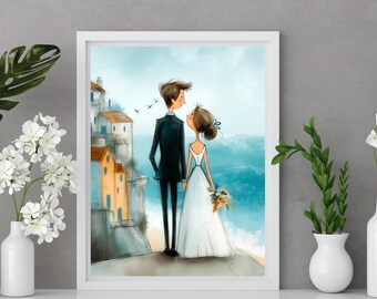 Whimsical Wedding Print, Amalfi Coast Wedding Gift, Mediterranean Couple Wall Art, Italy Wedding Decor, Paper Anniversary Printable