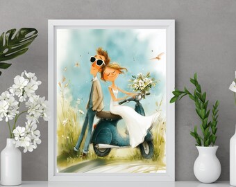 Vespa Wedding Print, Scooter Bride and Groom Wall Art, Italian Wedding Gift, Fun Whimsical Couple Decor, Boho Printable
