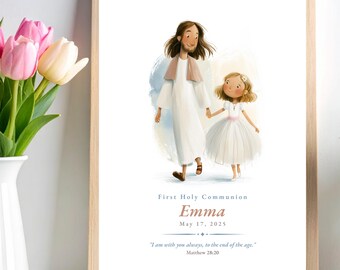 Jesus Walking With Girl First Communion – Personalized Catholic Keepsake, Custom Name Print, Digital Download