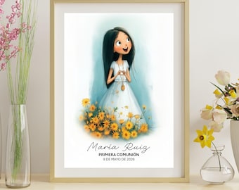 Personalisierte erste Kommunion Mädchen Druck | Mädchen mit Herzhänden | Benutzerdefinierte Name & Datum | Erstkommunion Geschenk | Digitaler Download