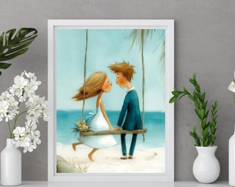 Tropical Wedding Swing Print, Bride and Groom Beach Wall Art, Bali Wedding Gift, Whimsical Coastal Couple Decor Printable