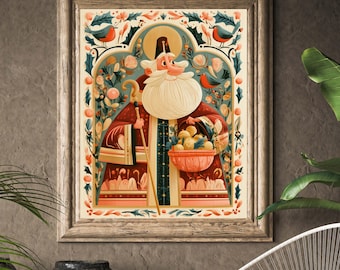 Saint Nicholas Print, Folk Art Catholic Illustration