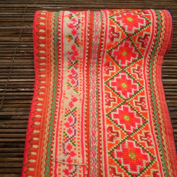 Sangle brodée, 1 paire, Textile Hmong, Broderie Hmong, Décoration vintage, Broderie tribale