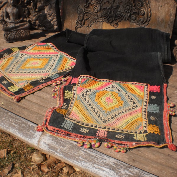 Black Hmong Hilltribe Vintage Tribal Hand Embroided Textile