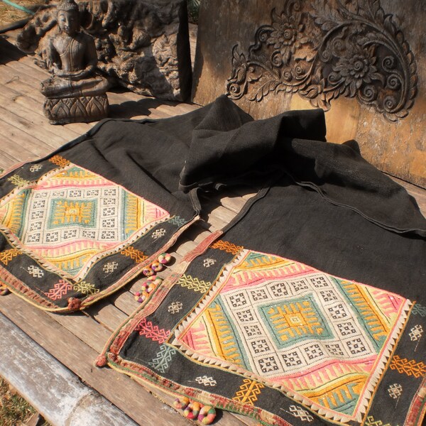 Black Hmong Hilltribe Vintage Tribal Hand Embroided Textile