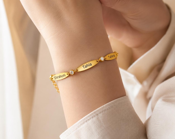 Personalized Name Bracelet, Custom Engraved Family Bracelet, Gold Silver Name Bar Bracelet, Mom Grandma Gift, Stainless Steel CZ Bracelet