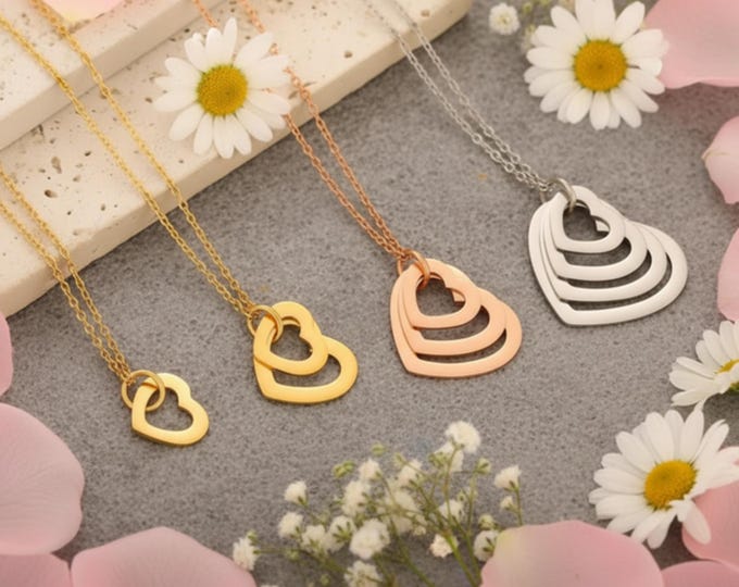 Personalized Layered Heart Necklace, Custom Name Pendant, Gold Silver Rose Gold