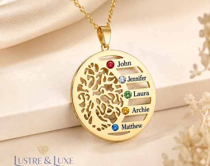 Personalized Family Tree Necklace with Birthstones, Custom Engraved Names Necklace, Tree of Life Mom Grandma Gift, Gold Silver Jewelry