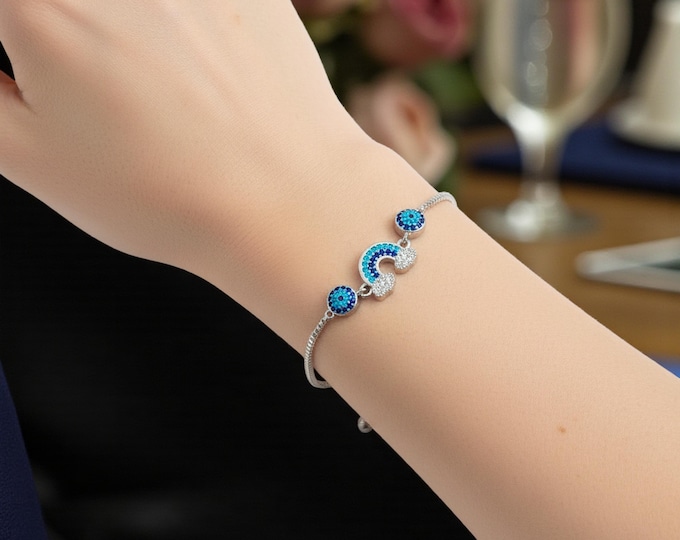 Rainbow Evil Eye Bracelet – Adjustable Silver Slider Bracelet – Protection Jewelry
