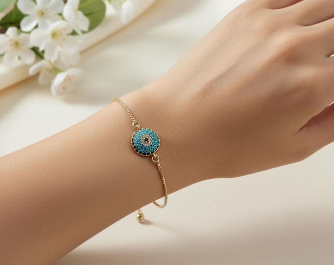 Evil Eye Adjustable Bracelet – Gold Slider Bracelet – Protection Jewelry