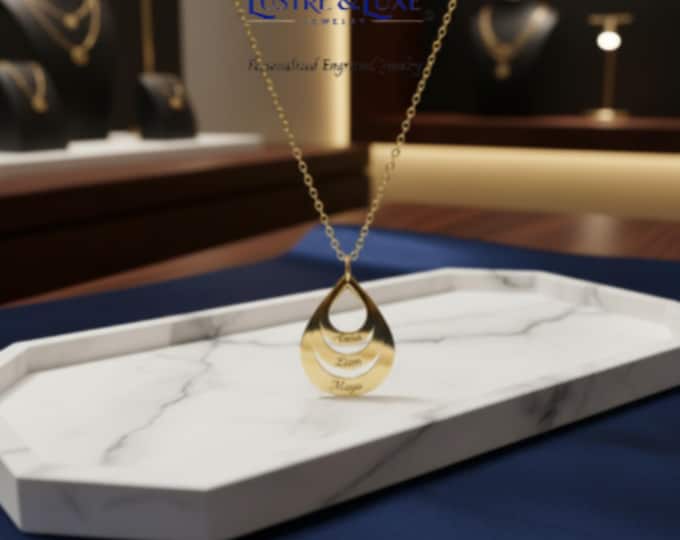 Personalized Layered Teardrop Necklace, Custom Engraved Family Names, Mom Keepsake Jewelry